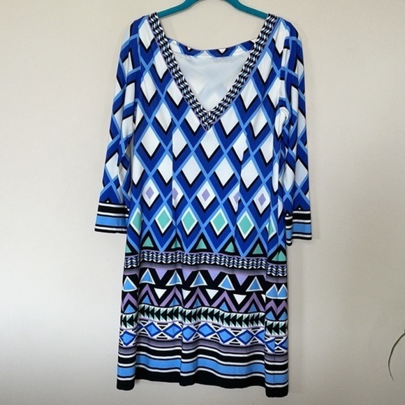 Eliza J Mixed Media Shift Boat Neck Long-Sleeve V Back Multicolor Dress Size 8 - Picture 4 of 11